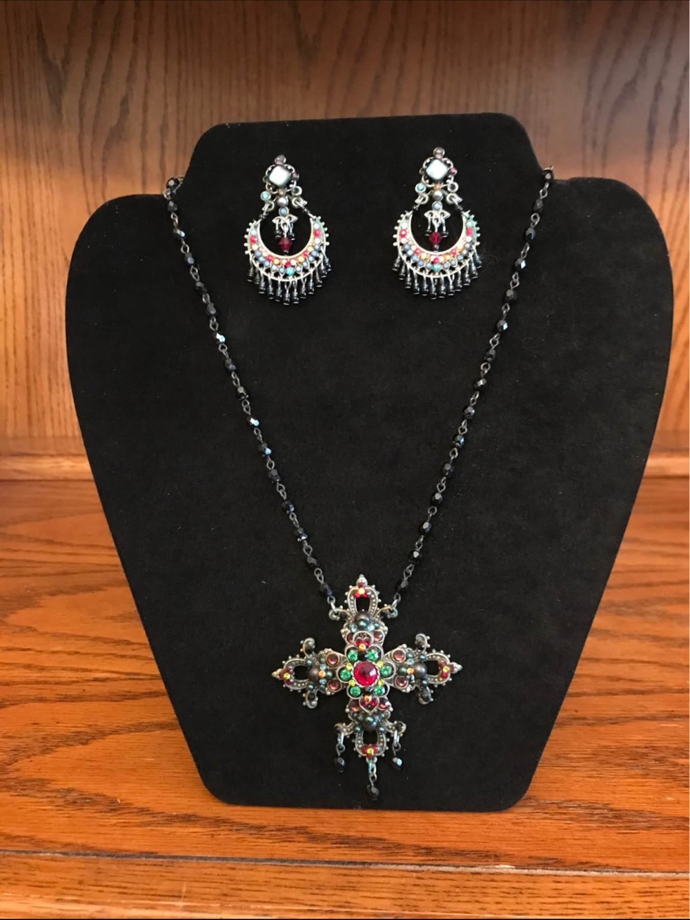 F.A.I.T.H Vintage Multicolor Gem Cross Pendant Necklace with Matching Earrings